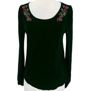 American Eagle Soft and Sexy Black Top with Embroidered Red Flowers